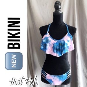 NEW Peacock Feather Pink Blue Flutter Bikini M